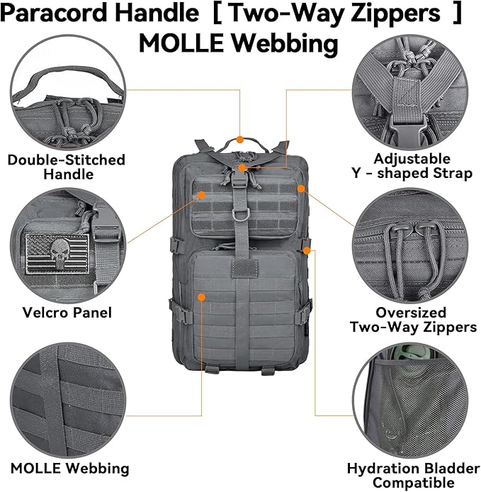 Military Tactical Backpack for Men Tactical Laptop Backpack with Molle Waterproof Army 3 Days Assault Pack &amp Bug Out Bag for Hiking (09-Gray)