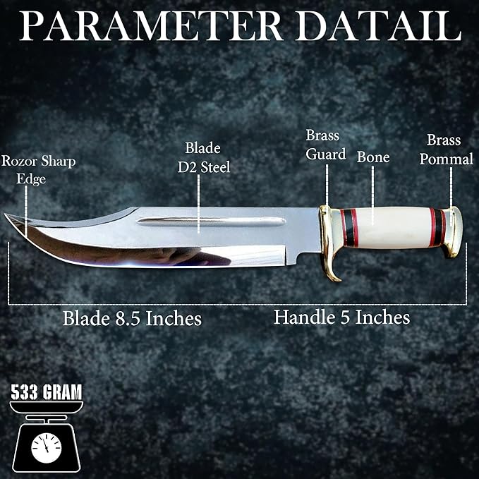 14 Crocodile Dundee Bowie Knife – Mirror Polished Hunting &amp Survival Knife with Bone Handle and Leather Sheath – Tactical Knife for Camping Outdoor Bushcraft Gift for Men