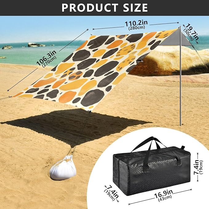 Leopard Print Pattern Yellow Beach Tent &amp Canopy UPF50+ Protection Water-Resistant Portable Sun Shelter Includes Sand Shovel Sandbags Stability Poles for Family Trips Picnics &amp Camping