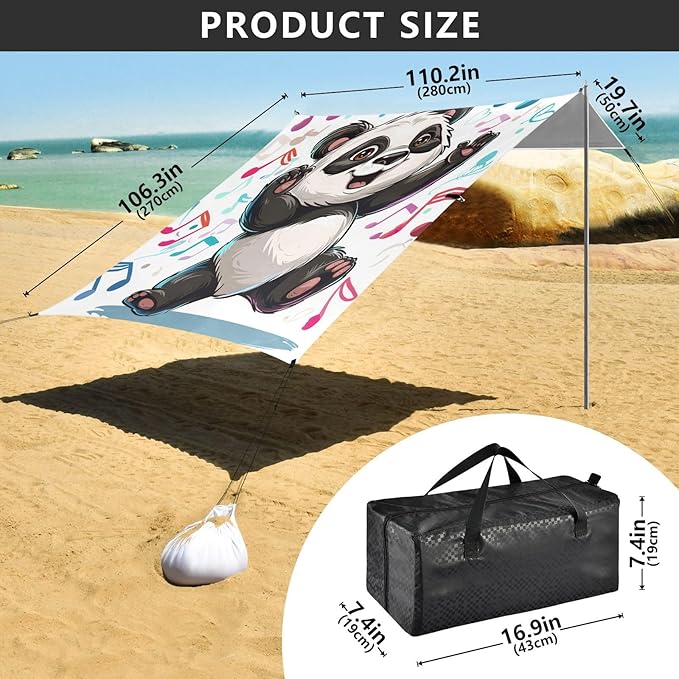 ALAZA Cute Panda Musical Notes Beach Tent Sun Shelter Portable Canopy Sunshade for Outdoor Camping Picnics Backyard Fun 10x9 ft
