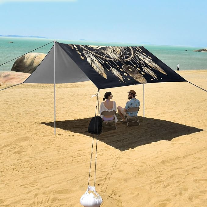 ALAZA Wolf Dream Catcher Boho Beach Tent Sun Shelter UPF50+ Protection Beach Shade Canopy w/ 4 Sandbags for Outdoor Camping Fishing Backyard Fun Picnic 10x9 ft