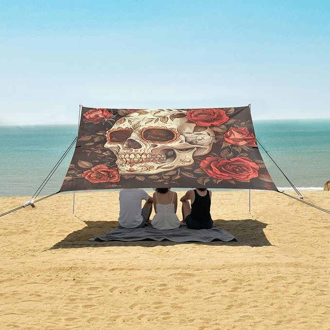 ALAZA Sugar Skull and Roses Vintage Retro Beach Tent Sun Shelter Portable Canopy Sunshade for Outdoor Camping Picnics Backyard Fun 10x9 ft