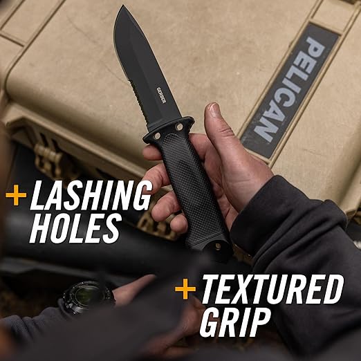 Gerber Gear LMF II Infantry Survival Knife Made in USA Military Grade Tactical Fixed Blade with Serrated Edge Shock Absorbing Handle Molle Sheath and Sharpener Black