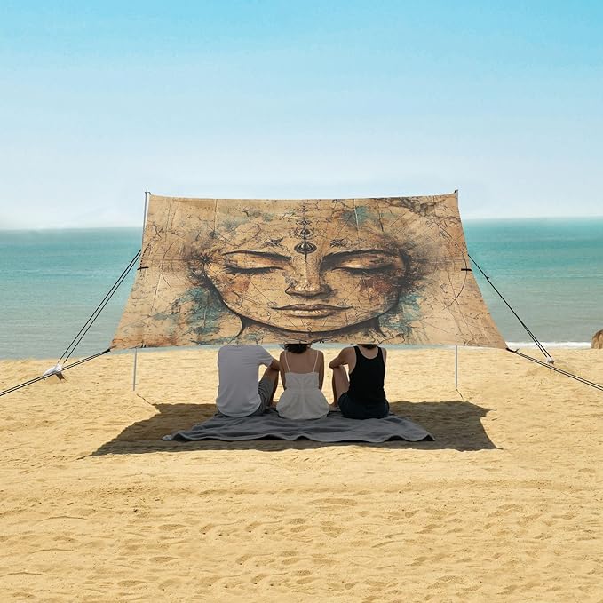 Boho Vintage Dream Seeker Beach Tent UPF50 Water-Resistant Large Portable Sun Shelter with Sand Shovel Sandbags for Camping Trips Fishing Backyard Fun or Picnics