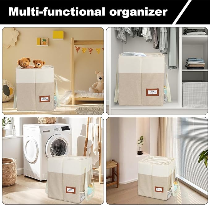 2 Pack Clothes Hanger Organizer Bag with Lid Rigid Hanger Storage ContainersHanger Caddy Organizer Box with Handle and Label Window Keep Closet Laundry Rooms Tidy (Beige)