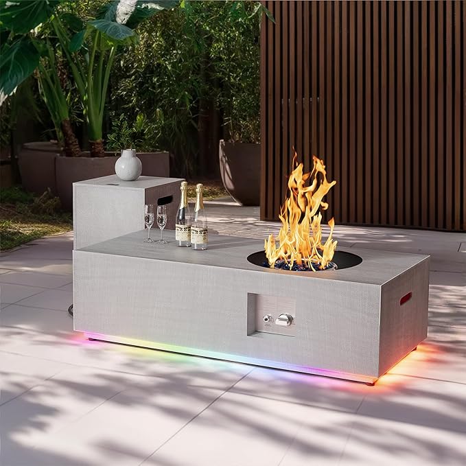 SUNPEAK 48 Patio Fire Pit Table Round Burner with Multiple Color LED Lights 50000 BTU Fire Pit Table with Lid Rocks Cover &amp Tank Storage Propane Outdoor fireplace (Light Grey/RGB Light 48