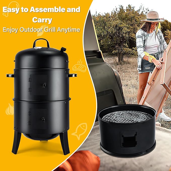 TCFUNDY 32 Vertical Charcoal Smoker Grill Heavy-Duty BBQ Grill with Built-in Thermometer 3 in 1 Grill and Smoker Portable Meat Cooker with Air Vent for Outdoor Barbecue Cooking