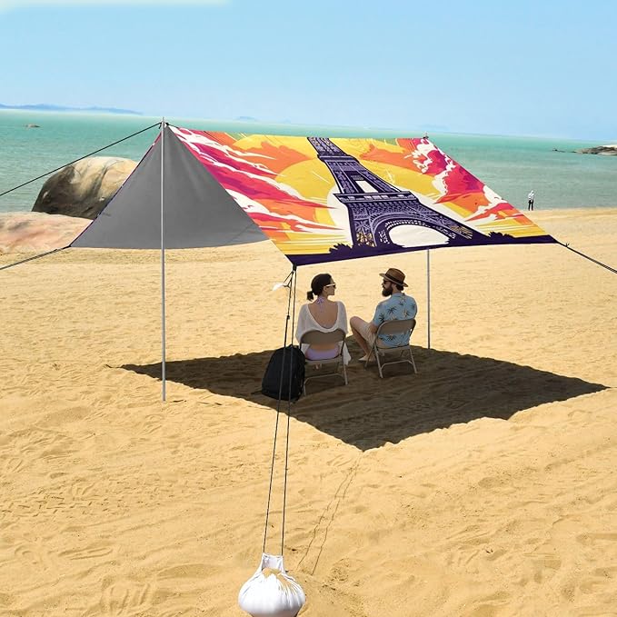 ALAZA Eiffel Tower Sunset Rainbow Beach Tent Sun Shelter UPF50+ Protection Beach Shade Canopy w/ 4 Sandbags for Outdoor Camping Fishing Backyard Fun Picnic 10x9 ft