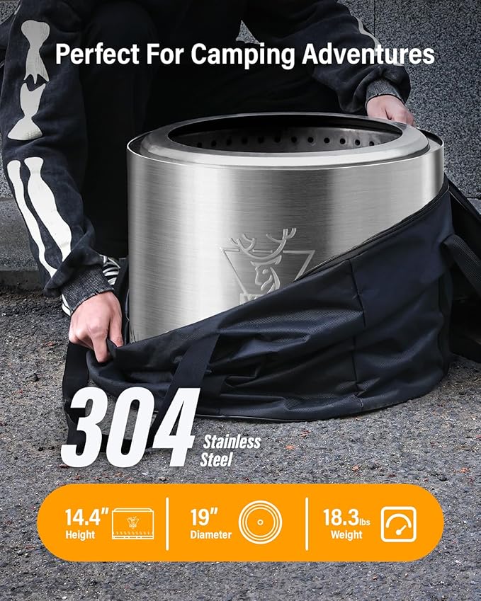 Fire Pit 304 Stainless Steel: Smokeless Firepit Wood Burning Stove - Portable Outdoor Fire Pit Silver 19 inch - Smokeless Firepit for Outside Outdoor Patio Camping Backyard
