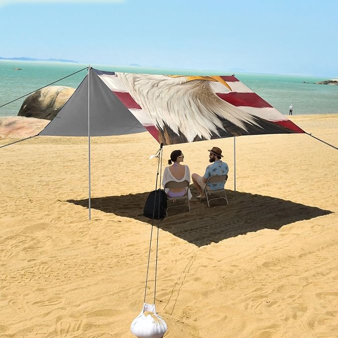 ALAZA Bald Eagle USA Flag Beach Tent Sun Shelter UPF50+ Protection Beach Shade Canopy w/ 4 Sandbags for Outdoor Camping Fishing Backyard Fun Picnic 10x9 ft