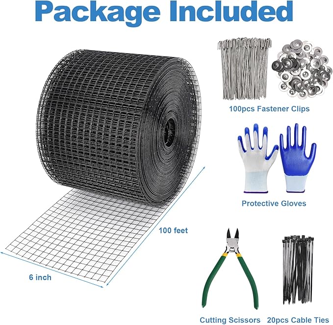 INCIKITI Critter Guard for Solar Panel Bird-Guard 6in x 100ft PVC Coated Pigeon Netting 1/2 Bird Mesh with 100 Fastener Clips 20 Tie Wire Cutting Scissor Gloves Pigeon Solar Panel Mesh for Bird