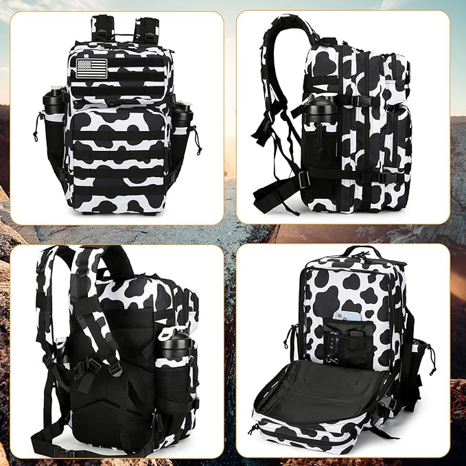 Lovelinks21 25L Tactical Backpack Military Tactical Backpack for Men and Women Small Assault Pack Outdoor Travel Hiking Camping Rucksack with Molle Webbing (Cow Print)
