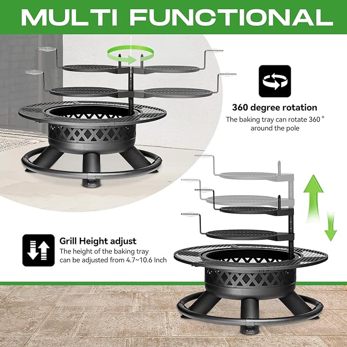 Panovue 47 Inch Outdoor Wood Burning Fire Pit with 2 GrillsExtra Large 3-in-1 Fire Pit with Metal Lid &amp Fire Poker Heavy Duty BBQ Firepits for Outside Backyard Bonfire Patio &amp Party (47''