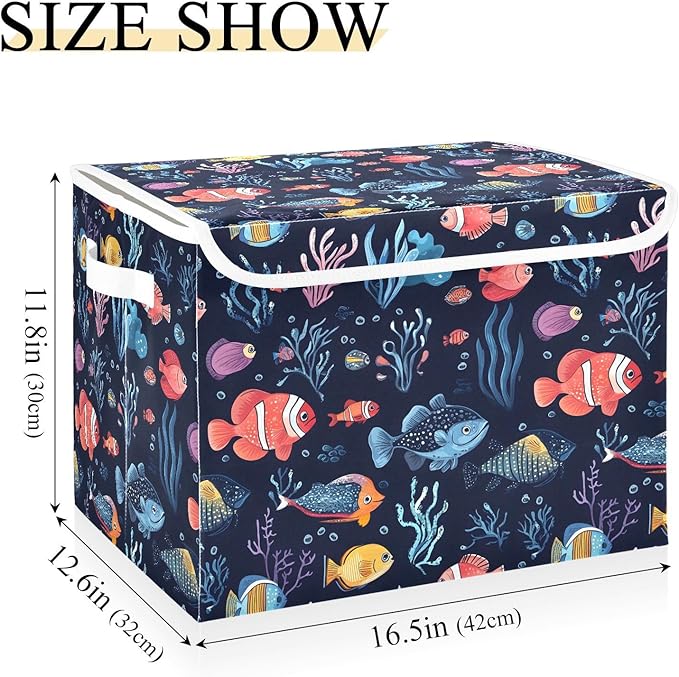 Fish and Coral Storage Cube Bins Basket with Lid Collapsible Flip-top Fabric with Handle for Home Bedroom Closet Office 16.5×12.6×11.8 in