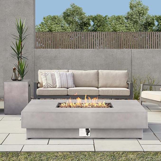 60-inch Outdoor Propane Fire Pit Table Set - 2-Piece 50000 BTU Concrete Large Rectangular Fire Table with Lid Propane Tank Table Lava Rocks Rain Cover - Perfect Firepit for Outdoor Use