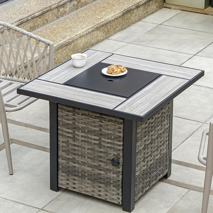 OutVue 30 Propane Fire Pit Table with Real Ceramic Tabletop &amp Ratten Side Panel 50000 BTU Gas Firepit Table with Lid &amp Glass Rock Outdoor Fire Pit for Dining or Party Firepit for Outside