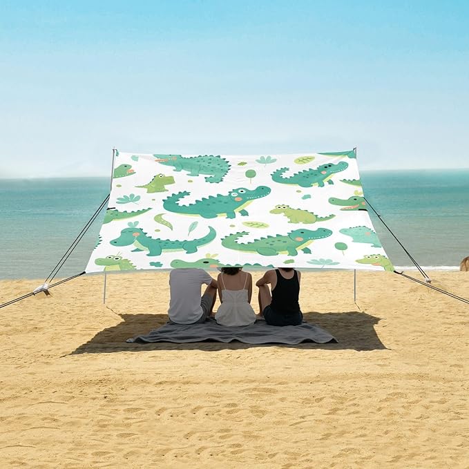 Cute Cartoon Crocodile Alligator Watercolor Beach Cabana Tent UPF50+ Water-Resistant Large Portable Sun Shelter with Sand Pockets for Camping Fishing Backyard Fun