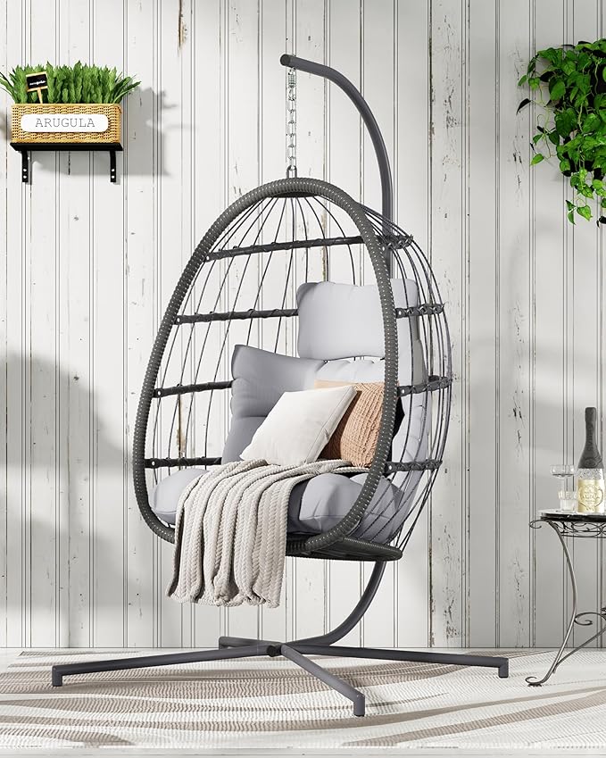 HWB Hanging Egg Chair with Stand Patio Wicker Egg Swing Chair with Cushion for Bedroom Garden Indoor Outdoor (Grey)