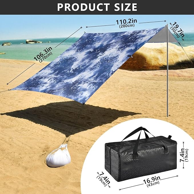 ALAZA Blue Tie Dye Indigo Beach Tent Sun Shelter UPF50+ Protection Beach Shade Canopy w/ 4 Sandbags for Outdoor Camping Fishing Backyard Fun Picnic 10x9 ft