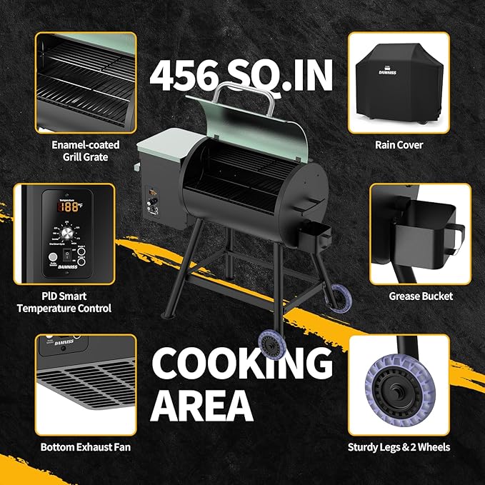DAMNISS Electric Wood Pellet Smoker Grill 8 In 1 BBQ Grills for Outdoor Grill with Auto Feed &amp PID Temperature Control (180-450°F) and Rain Cover 456 Sq.In Cook Area for Backyard New House Gifts