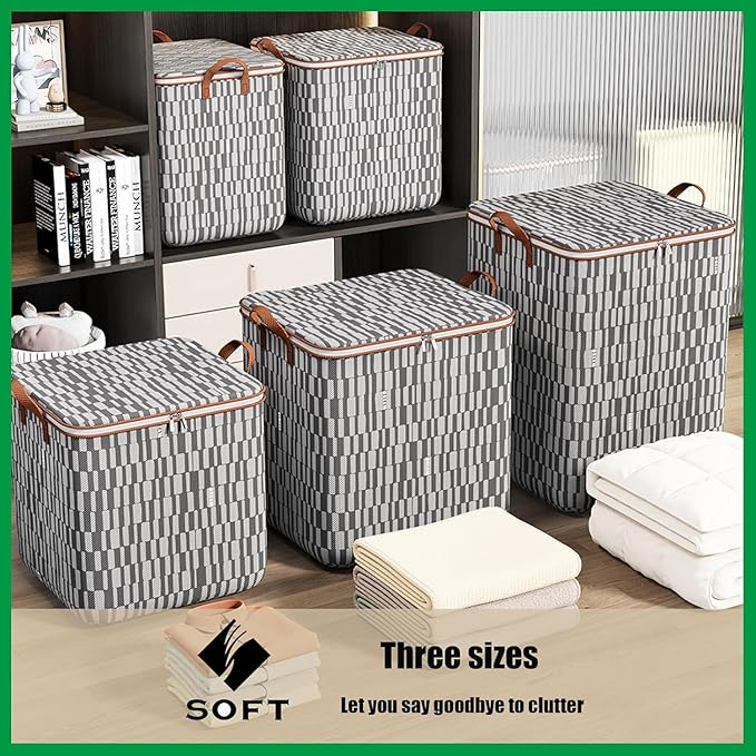 3 Pack Storage Bag for Clothes Foldable Closet Organizers Storage Containers Clothes Storage Bins with lids with Durable Handles Thick Fabric for Blanket Comforter Clothing Bedding (140L)