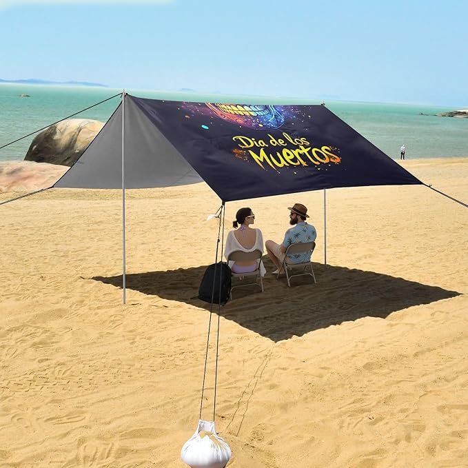 ALAZA Sugar Skull Dia De Los Muertos Beach Tent Sun Shelter UPF50+ Protection Beach Shade Canopy w/ 4 Sandbags for Outdoor Camping Fishing Backyard Fun Picnic 10x9 ft