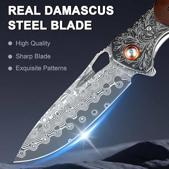 Zingbee Damascus Pocket Knife with Sheath 3.35 Damascus Steel Blade Knife with Wooden Handle EDC Pocket Knives &amp Folding Knives for Outdoor Camping Ideal Gifts for Men Women