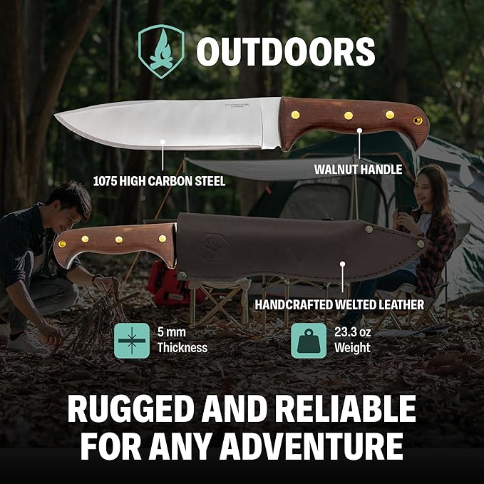 Condor Tool &amp Knife Moonshiner Bushcraft Knife - 1075 High-Carbon Steel Blade - Full-Tang Construction - Walnut Handle - Handcrafted Leather Sheath - Ideal for Bushcraft Camping &amp Survival