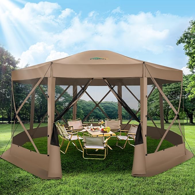 COBIZI 15x15FT Pop Up Gazebo Screen Tent Screen House for Camping Screen Room with Mosquito Netting Hub Tent Instant Screened Canopy with Carrying Bag and Ground Stakes Khaki(Upgraded)