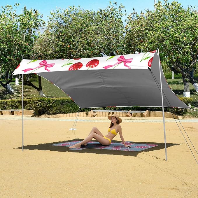 Beach Canopy with Windproof Ropes &amp Sandbags Beach Tent Sun Shade Sun Shelter for Camping Trips Fishing Backyard Fun or Picnics Cherry