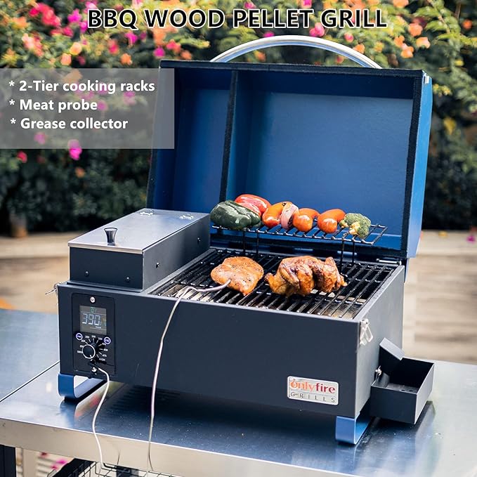ONLYFIRE GRILLS BBQ Wood Pellet Grill Smoker with Digital Control Meat Probe &amp 2 Tiers Cooking Area Portable Tabletop Grilling Stove for BBQ Smoke Bake and Roast RV Camping Blue GS313