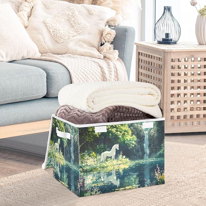 Storage Cube with Lid Lake White Horse Print 16.5×12.6×11.8 IN 1 Pack Collapsible Large Capacity Foldable Storage Basket Bin Organizer
