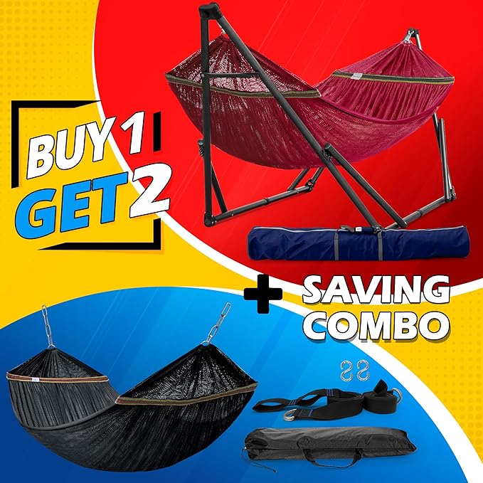 Tranquillo Combo x2 Hammocks with Stand for Outside &amp Tree Straps Heavy Duty Hammock with Stand 600lbs for Indoor Outdoor Patio Backyard x2 Hammocks for 2 Person (Combo - Red Medium)