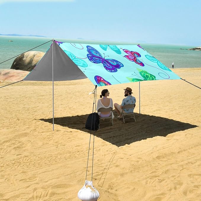 xigua Butterflies Beach Tent Sun Shelter with Carrying Bag - Silver Coated Oxford Fabric Beach Canopy for Beach Camping Fishing - Includes Windproof Ropes Sandbags &amp Stakes