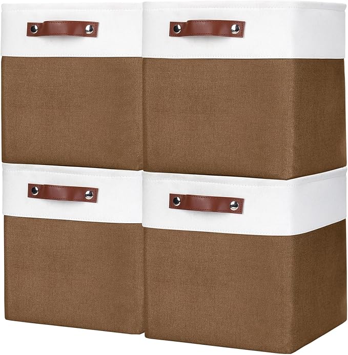 Collapsible Fabric Storage Cubes 11x11 Cube Storage Bins 4 Pack Closet Baskets Box with Handles for Organizing Shelf Toys Clothes Home Office Nursery (Brown&ampWhite)
