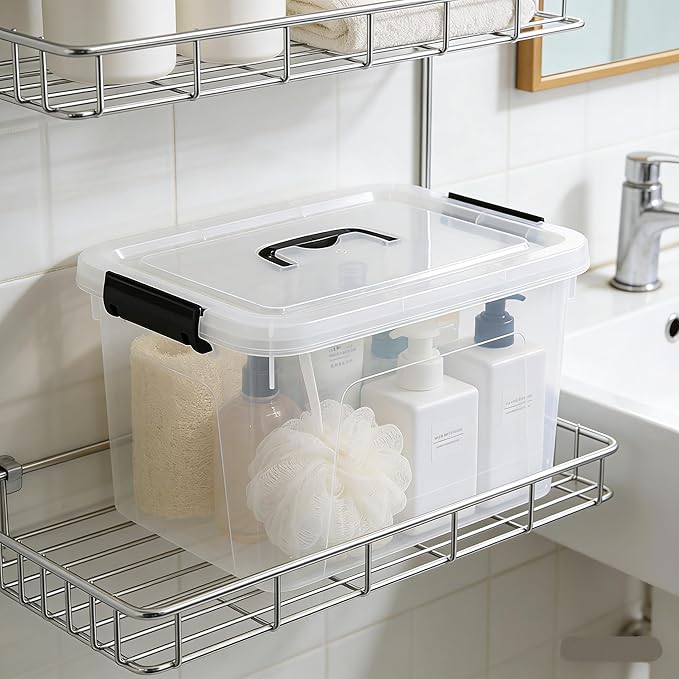 Zopnny 4-Pack Clear Storage Latch Box/Bins Plastic Stackable Latching Box with Brown Handle and Lid Multi-Purpose 10 Litre