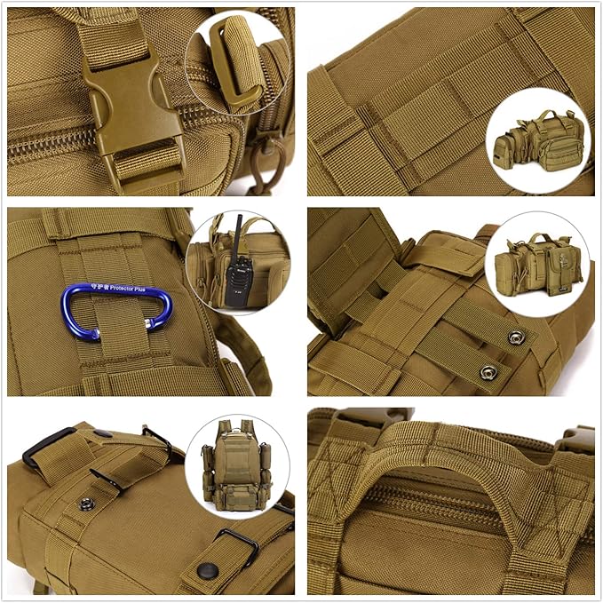 UNISTRENGH Utility 3P Military Tactical Duffle Waist Bags MOLLE Assault Shoulder Backpack Multifunction EDC Pouches Heavy Duty Fanny Packs (Brown)