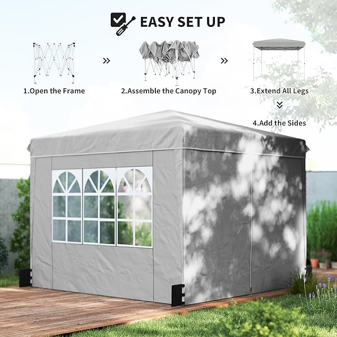 Outsunny 10 x 10 ft Pop Up Canopy Tent with Sidewalls UPF50+ Outdoor Portable Instant Canopy Shelter with Carry Bag Sandbags Adjustable Height for Parties Events Camping Light Gray