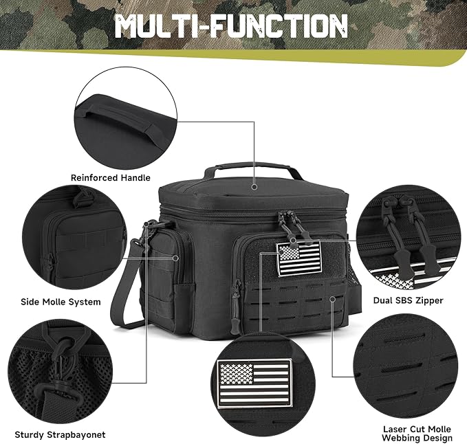 QT&ampQY Tactical Lunch Bag for mens Military heavy duty lunch box work Leakproof insulated Durable Thermal Cooler Bag for Adult Meal for Office Camping Picnic Pail MOLLE Webbing Black