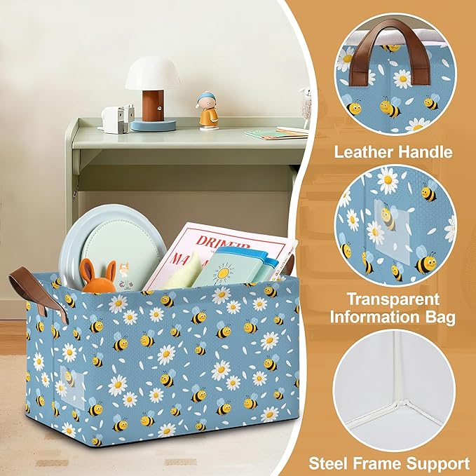 32L Large Storage Bins with Handles Basket Organizer for Shelves Closet Books Laundry &amp Home Decor (Bee Daisy)