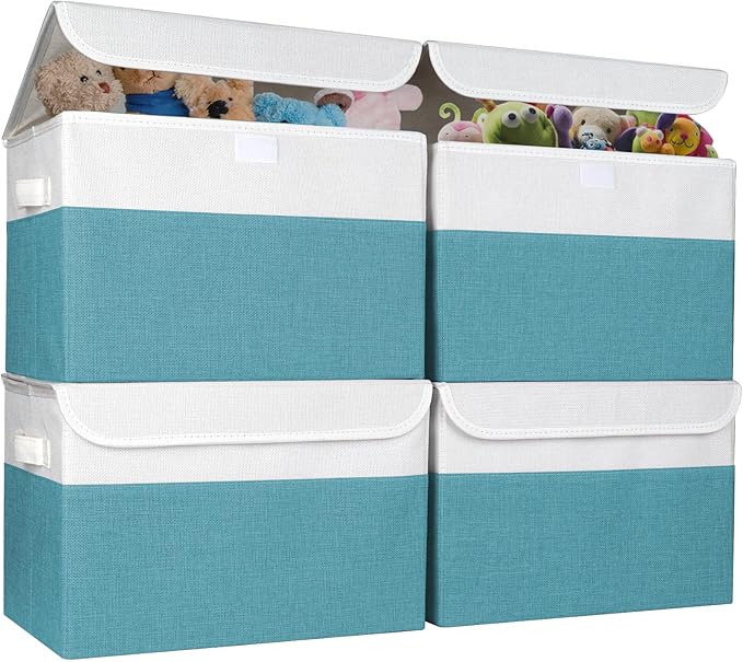 Bagnizer Large 22 Quart Linen Fabric Foldable Storage Bin Cube Organizer Basket with Flip-Top Lid &amp Handles Clothes Blanket Box for Home Office Closet Teal &amp White 4 Pack 14.6 x 9.5 x 9.5