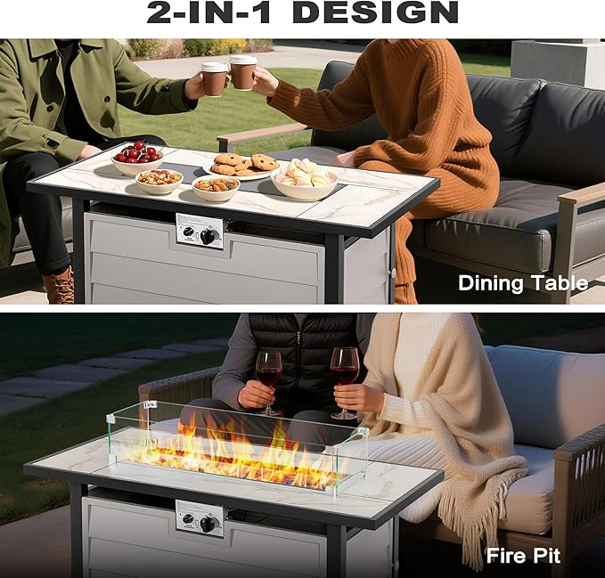 Nuu Garden 43'' Patio Propane Fire Pit Table 50000 BTU Gas Fire Pit with Marble-Textured Glass Top Wind Guard Lid Glass Beads CSA-Certified 2-in-1 Outdoor Table for Gatherings Ivory White
