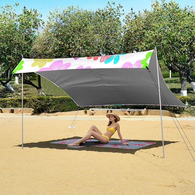 xigua Flowers and Butterflies Beach Tent Sun Shelter with Carrying Bag - Silver Coated Oxford Fabric Beach Canopy for Beach Camping Fishing - Includes Windproof Ropes Sandbags &amp Stakes