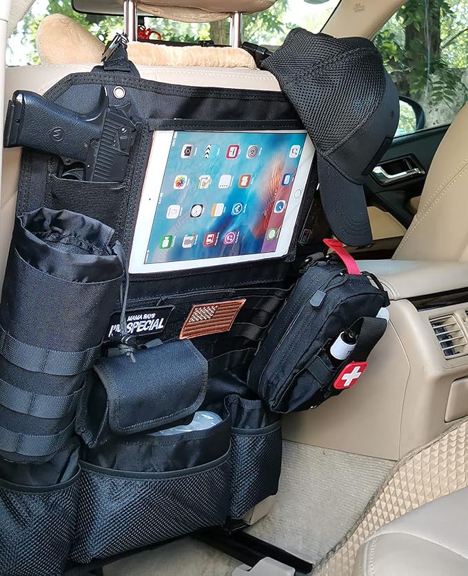 Upgrade Tactical Seat Back Organizer Molle Car Seat Organizer with 4 Detachable Pouches: Trauma Medical Pouch Water Bottle Pouch Vehicle Protector Organizers (Modern B Black)