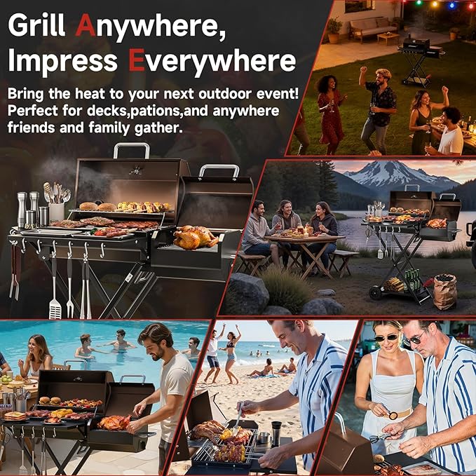 Portable Charcoal Grill with Smoking Function Foldable Suitcase Design with Wheels Multi-Tier Storage Rack &amp Waterproof Cover for Outdoor BBQ Parties (Khaki)