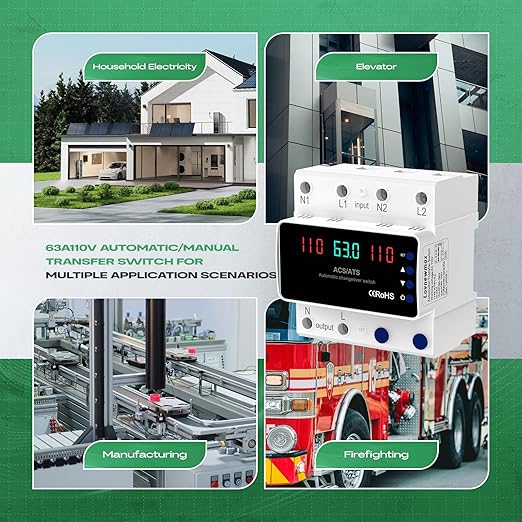 Automatic Transfer Switch 63A 110V DIN Rail Mount Generator Transfer Switch with Automatic and Manual Operation LED Display Over Voltage and Over Current Protection 50/60Hz