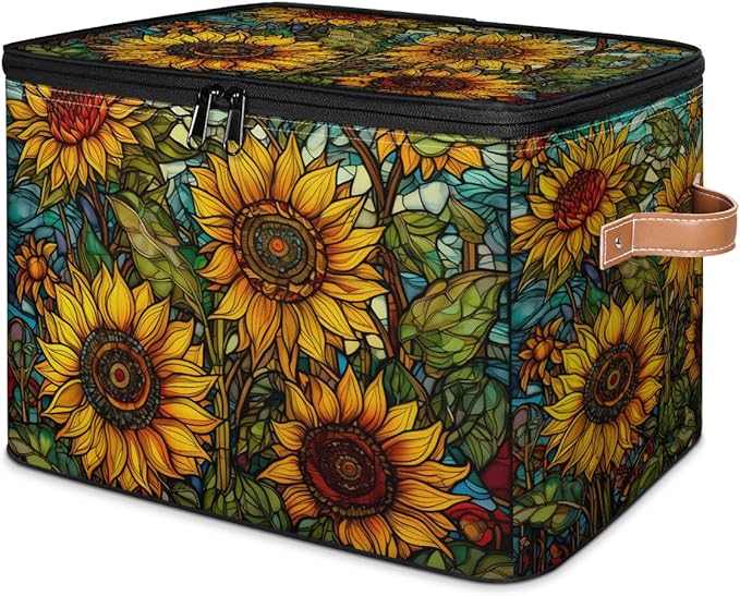Sunflower Oil Painting Storage Bins with Zipper Lid Fabric Storage Containers for Clothes Collapsible Closet Storage Basket with Metal Frame 2 Pack