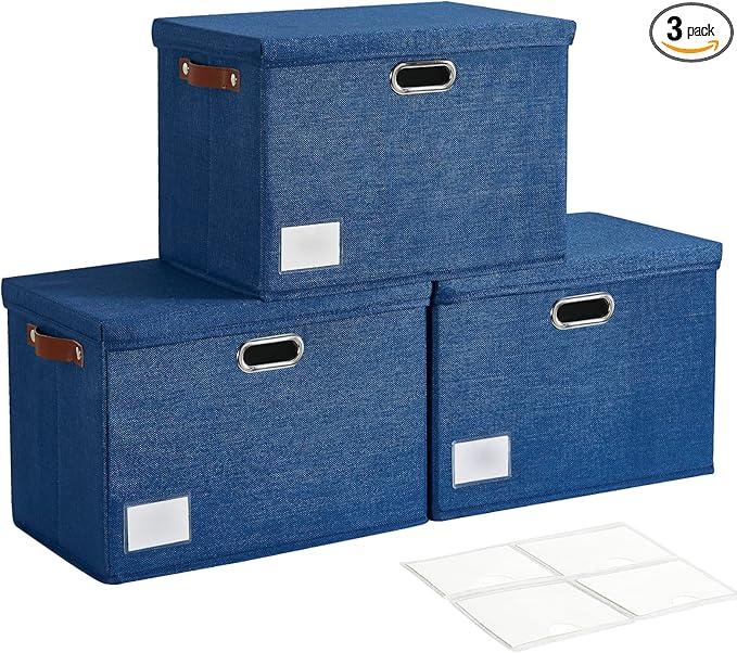 15 Large Collapsible Storage Bins with Lids Stackable Closet Organizers with PU Handle and Labels 3-Pack Decorative Fabric Storage Boxes for Home Bedroom Closet Office Nursery(Navy Blue)
