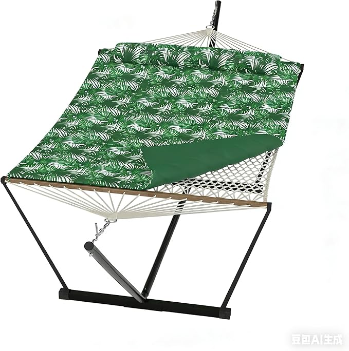 2-Person Hammock Suite with Stand450lbs Capacity 2 Person Cotton Rope Portable Hammock with Polyester Quilted Pad and Pillowfor Garden YardCamping and Patio.Green Banana Leaf Color