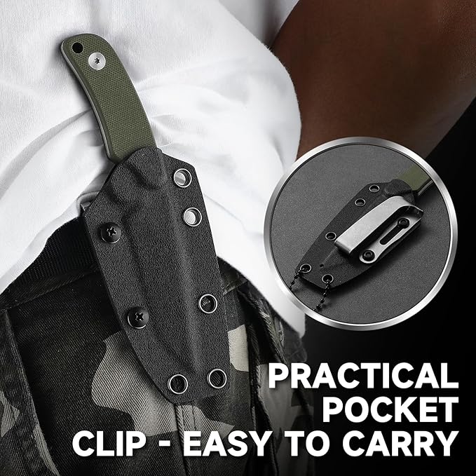 Omesio Tanto Neck Knife Small Fixed Blade with Kydex Sheath and Clip Full Tang 6 Neck Knife with Sheath and Necklace Mini Tactical EDC Knife D2 Steel G10 Handle (Black + Green)